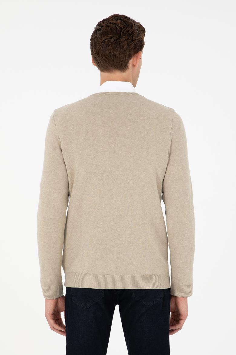 Erkek Slim Fit V Yaka Haki Melanj Basic Kazak - 50288885024