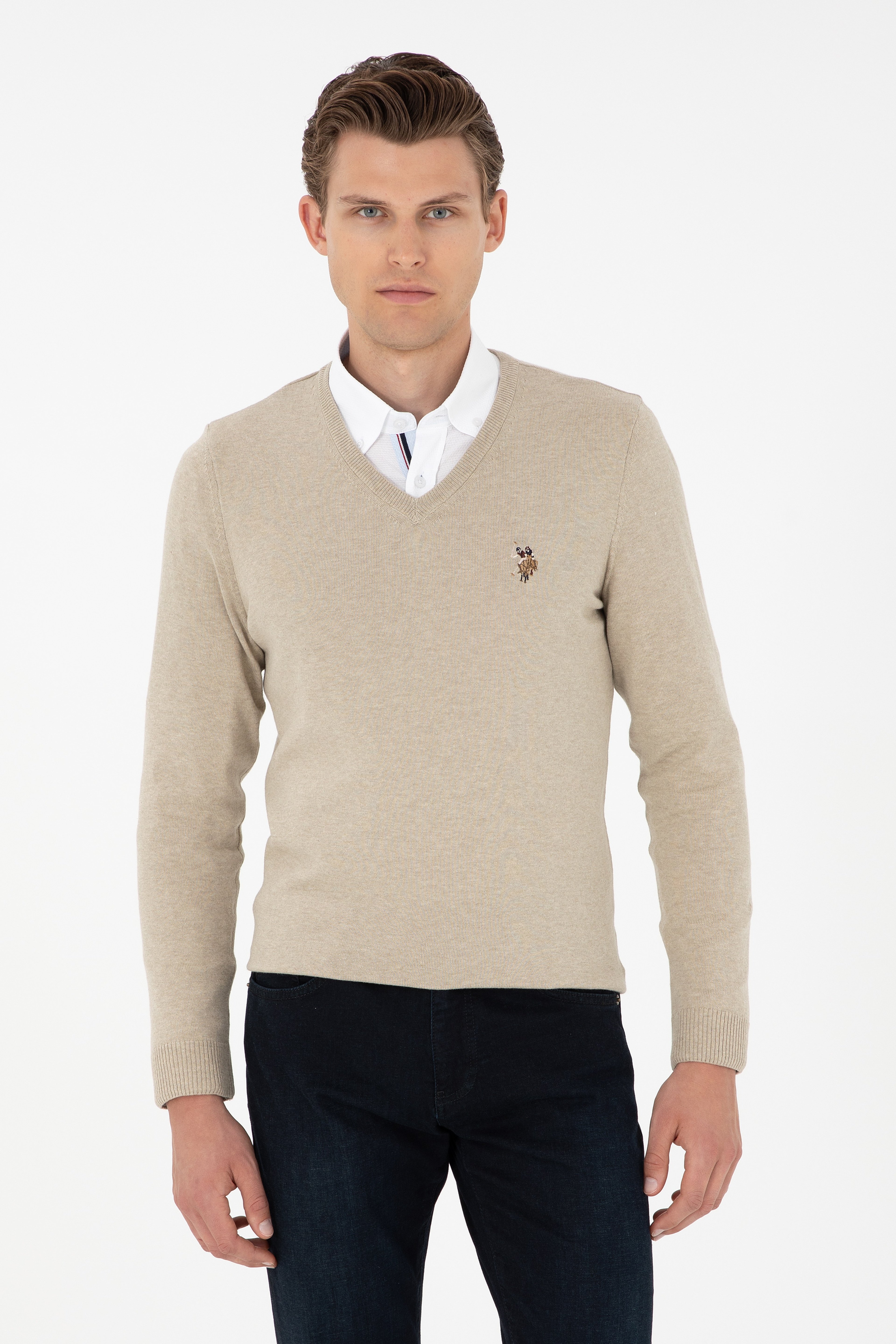 Erkek Slim Fit V Yaka Haki Melanj Basic Kazak - Image 1