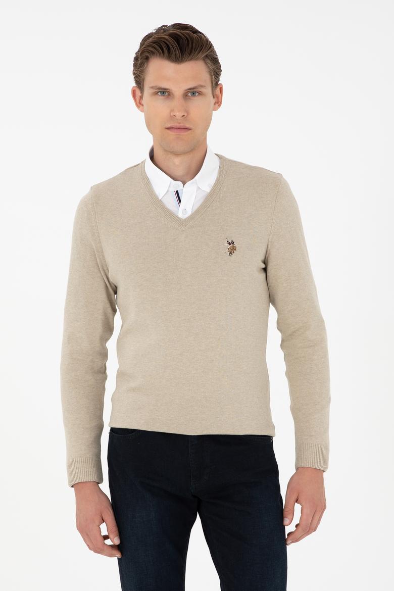 Erkek Slim Fit V Yaka Haki Melanj Basic Kazak