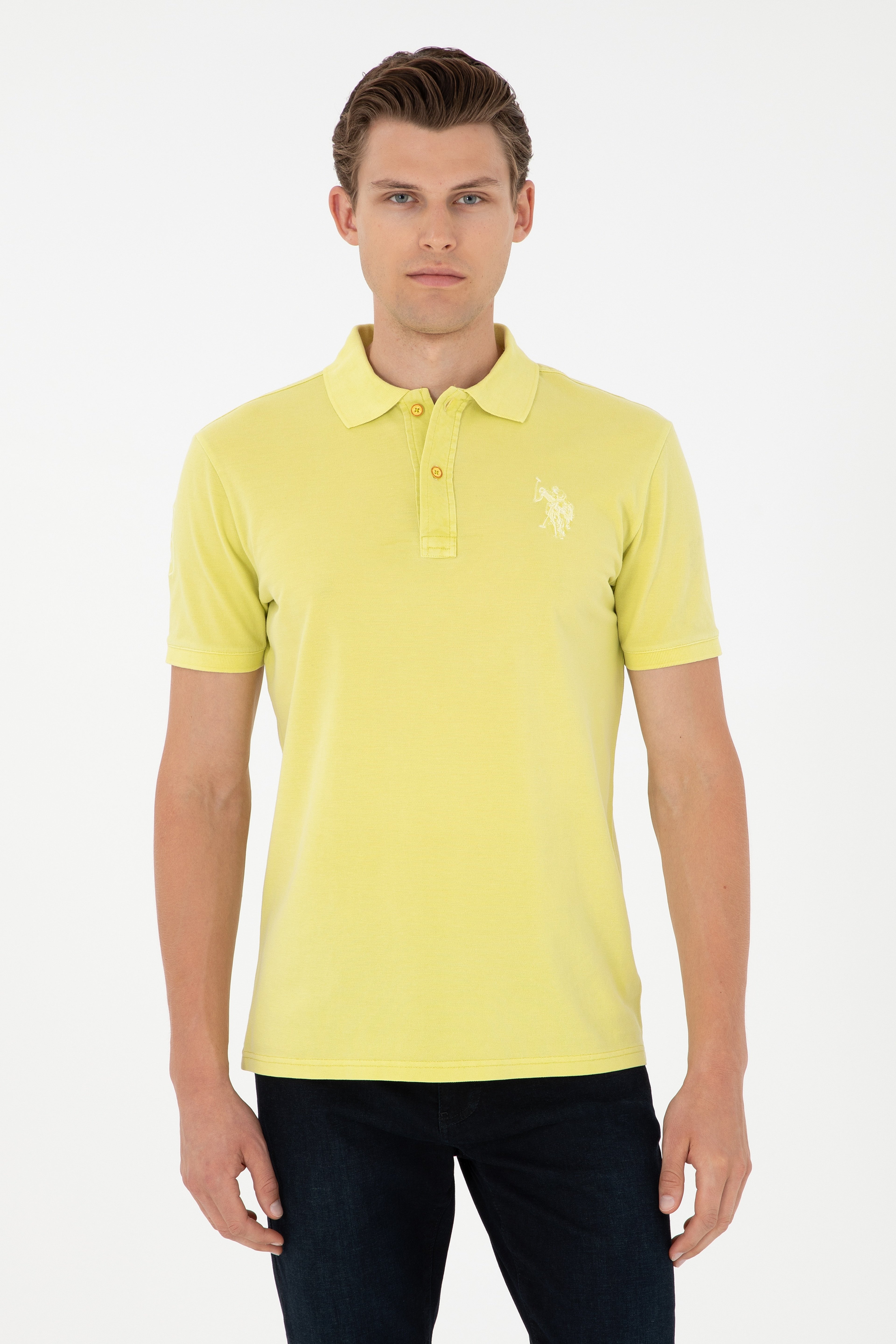 Erkek Slim Fit Polo Yaka Fıstık Yeşili Basic Tişört - Image 1