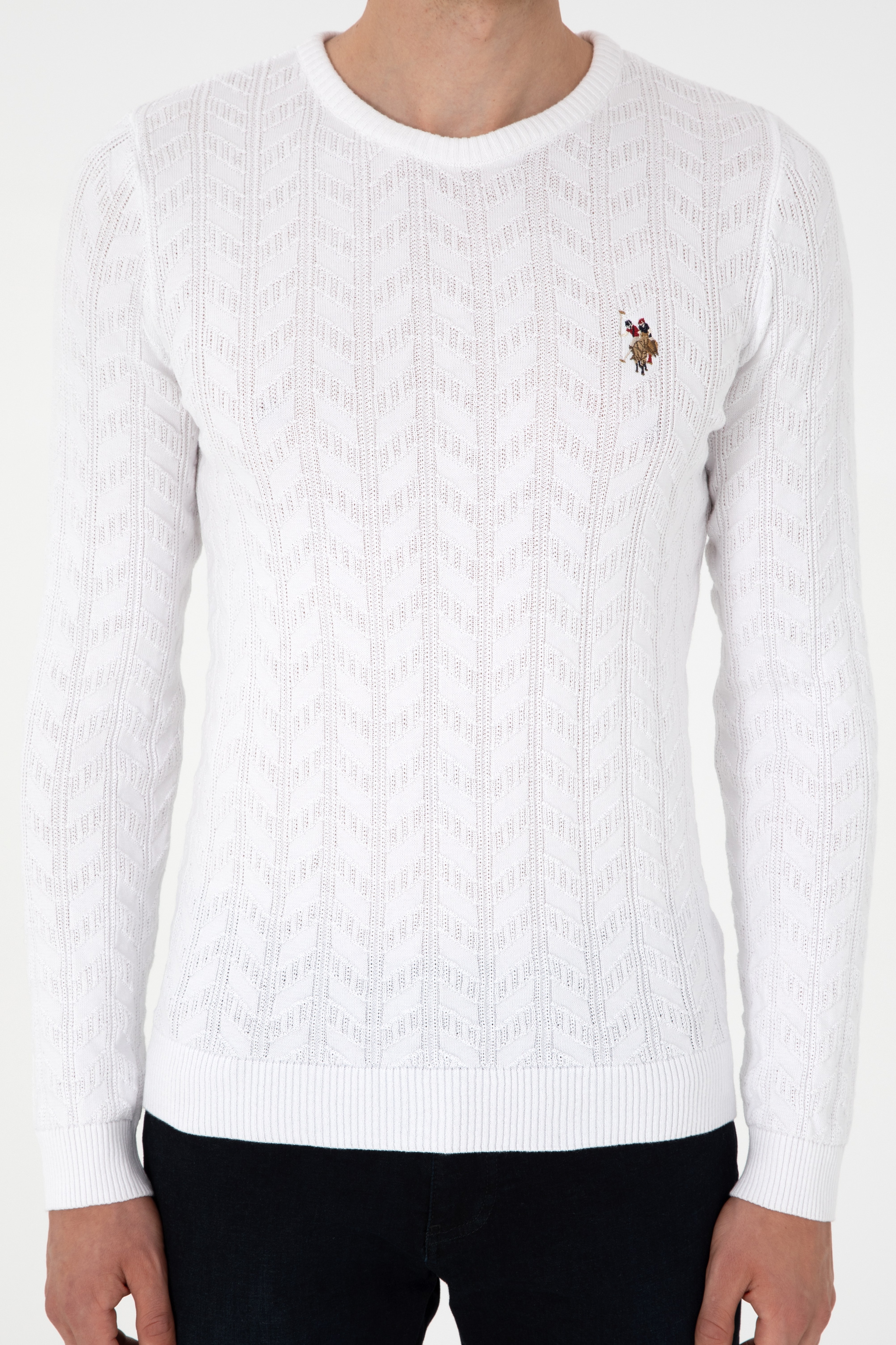 Erkek Slim Fit Bisiklet Yaka Beyaz Basic Kazak