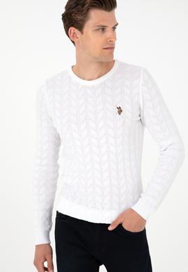 Erkek Slim Fit Bisiklet Yaka Beyaz Basic Kazak - 50288883064