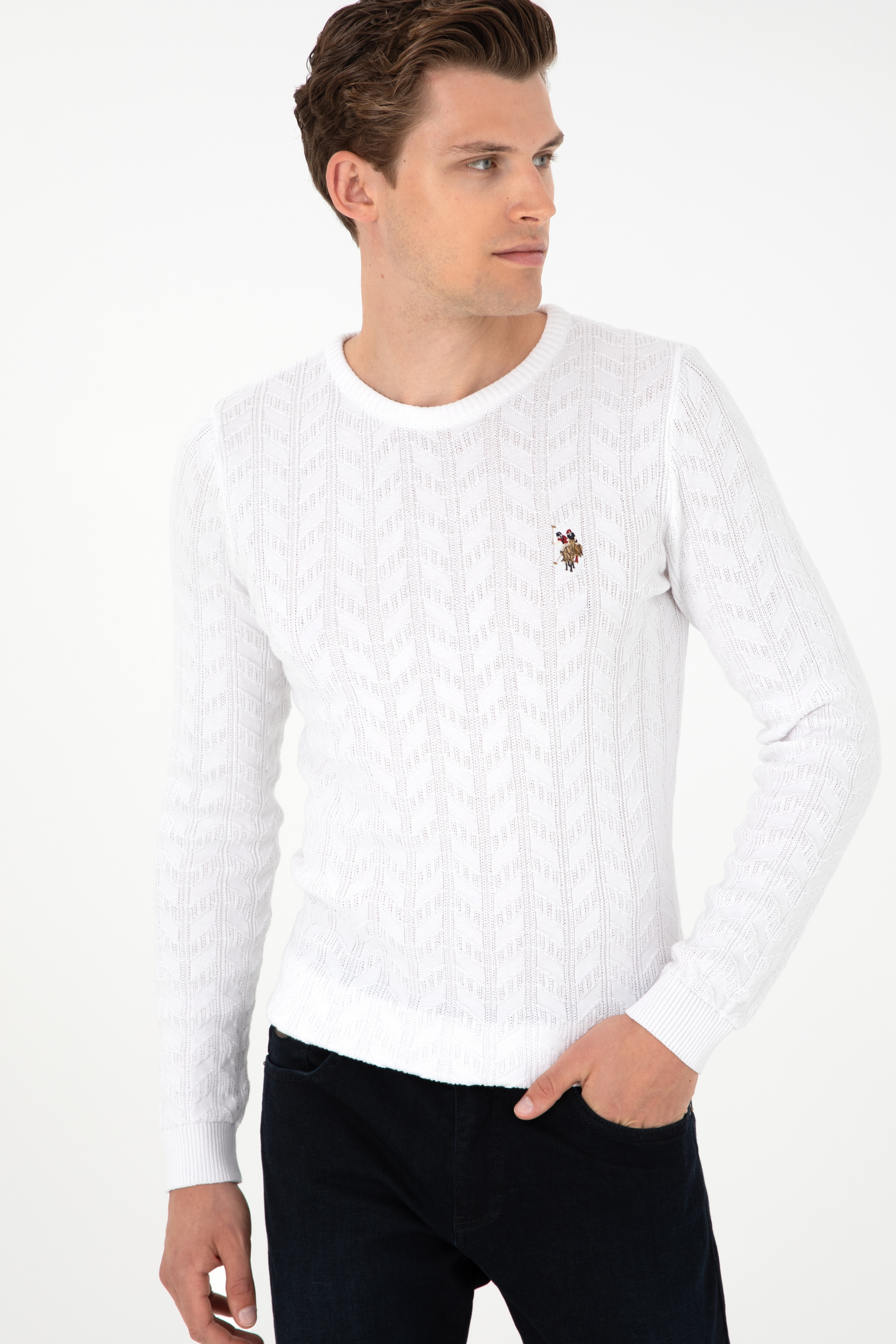 Erkek Slim Fit Bisiklet Yaka Beyaz Basic Kazak - Image 3