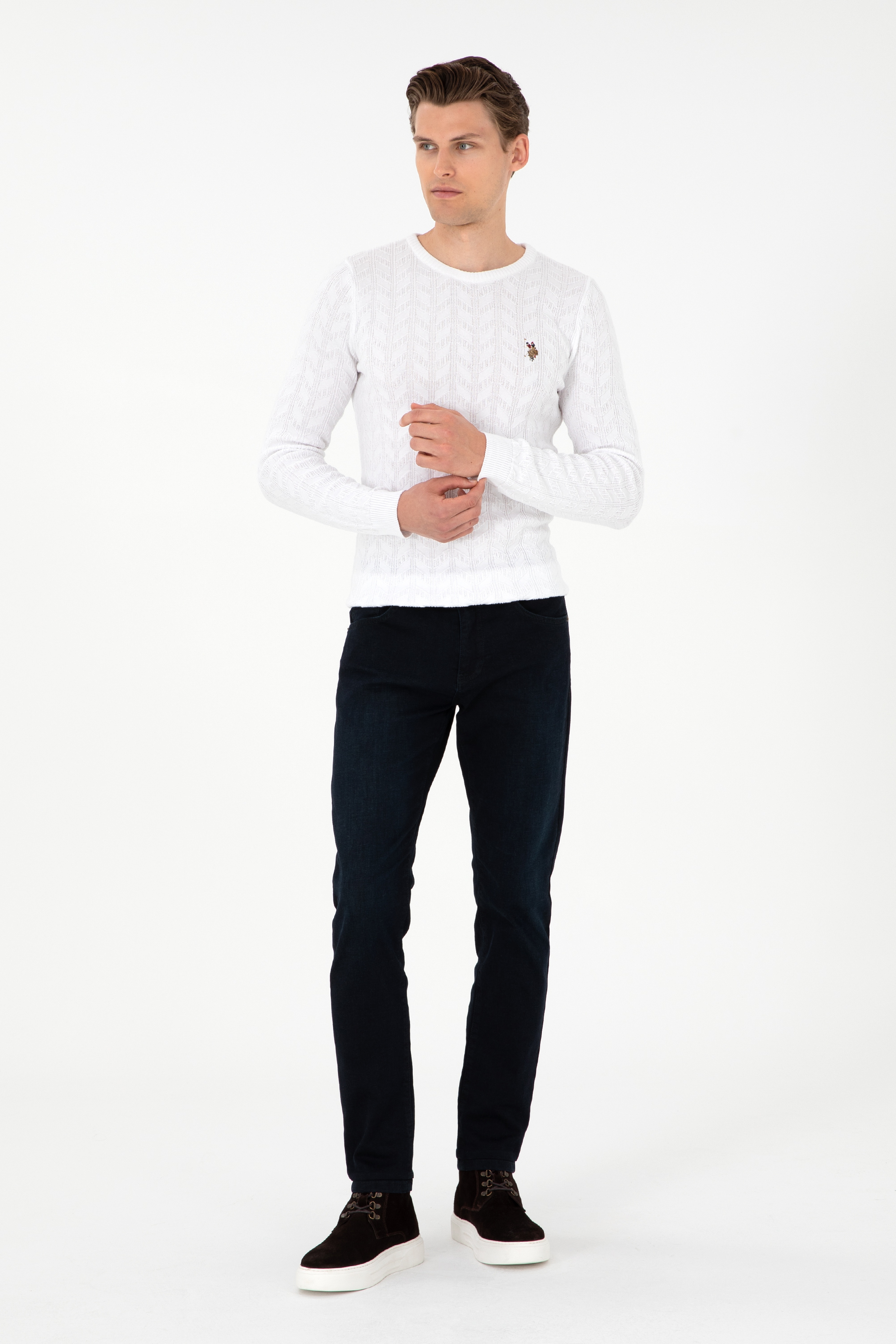 Erkek Slim Fit Bisiklet Yaka Beyaz Basic Kazak - Image 4