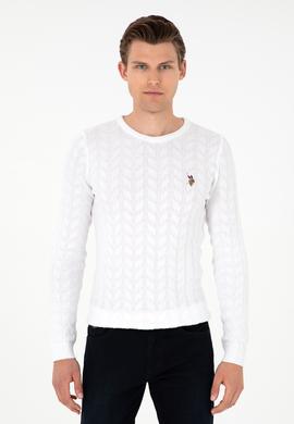 Erkek Slim Fit Bisiklet Yaka Beyaz Basic Kazak - 50288883064