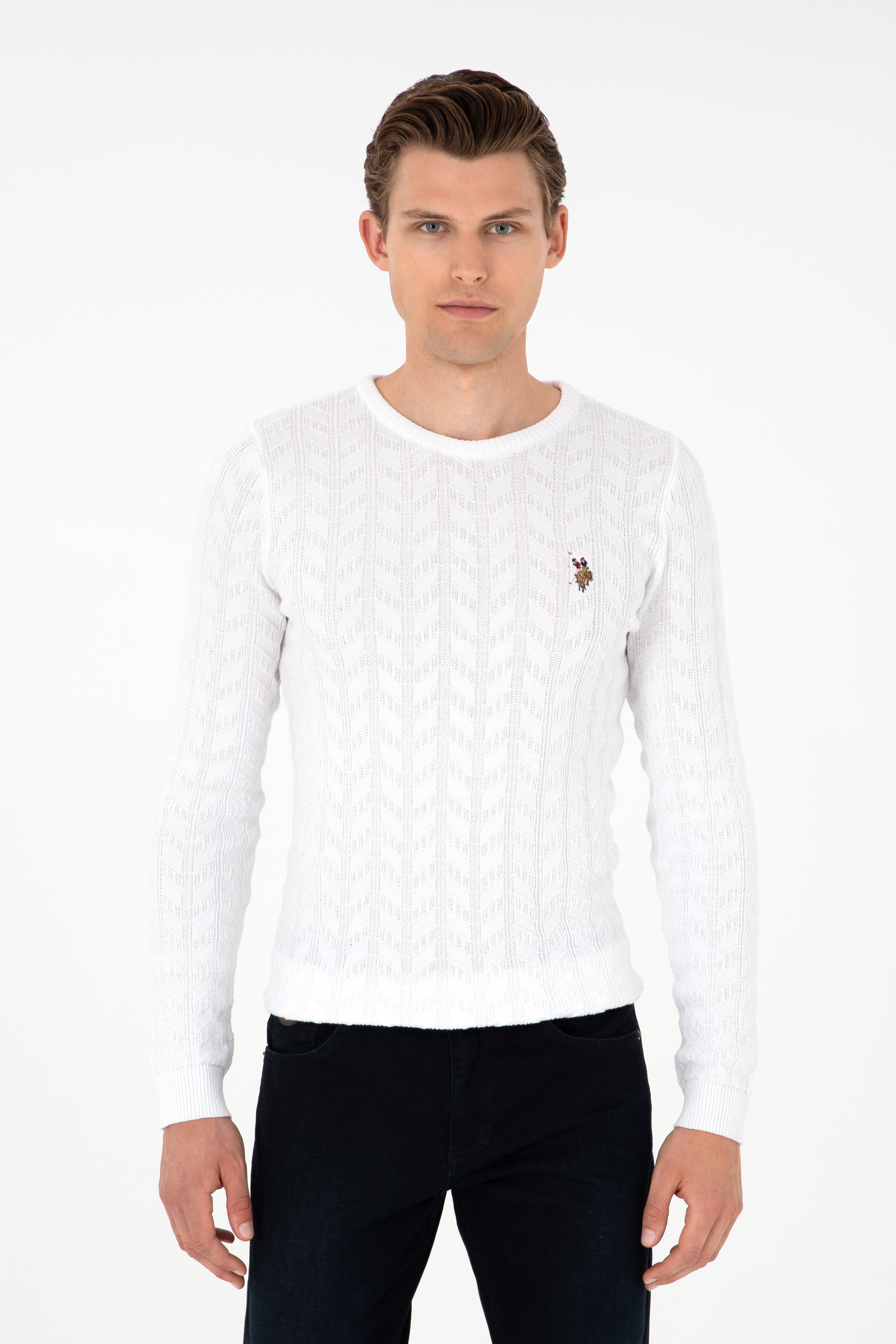 Erkek Slim Fit Bisiklet Yaka Beyaz Basic Kazak - Image 1
