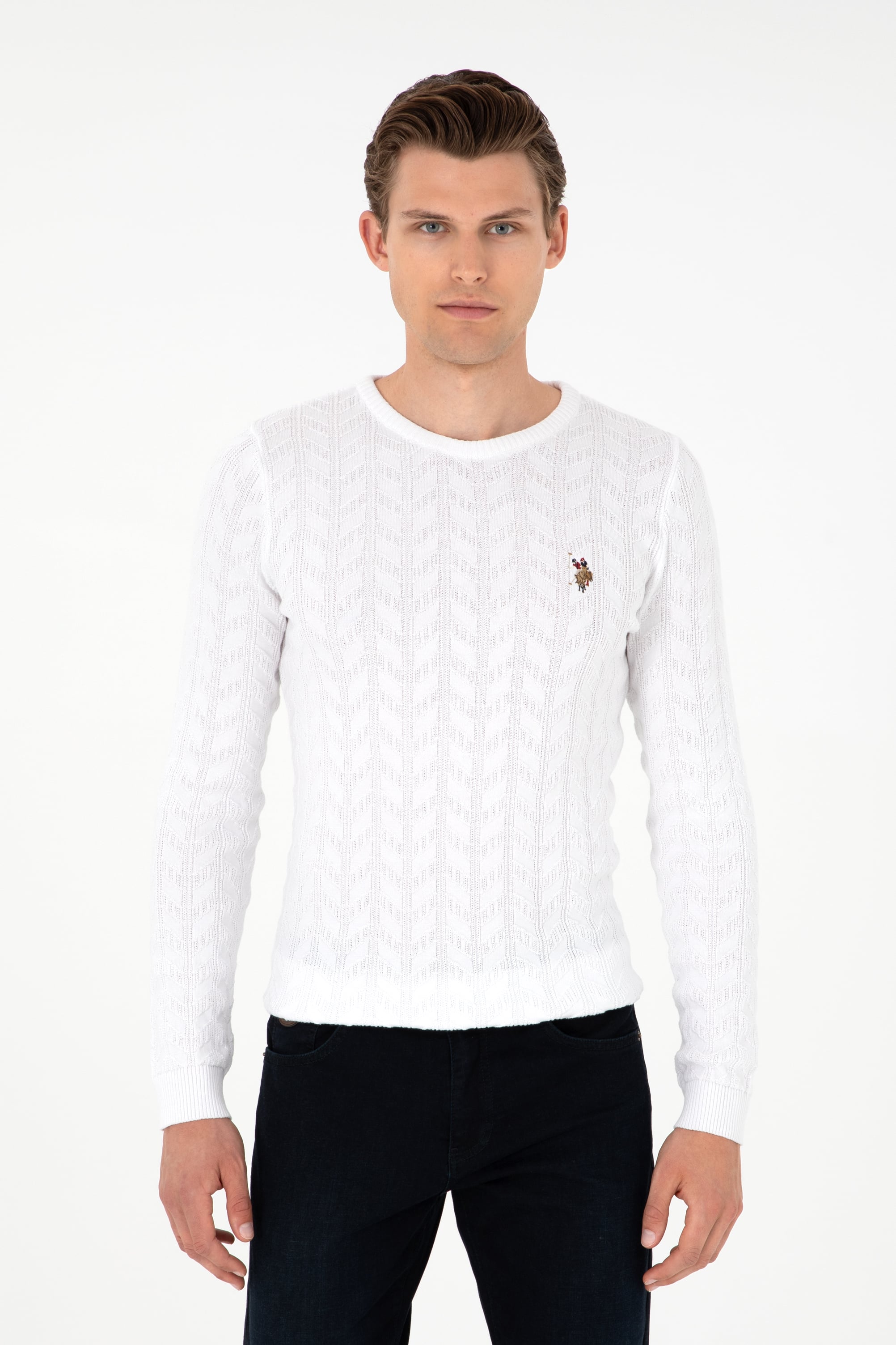 Erkek Slim Fit Bisiklet Yaka Beyaz Basic Kazak
