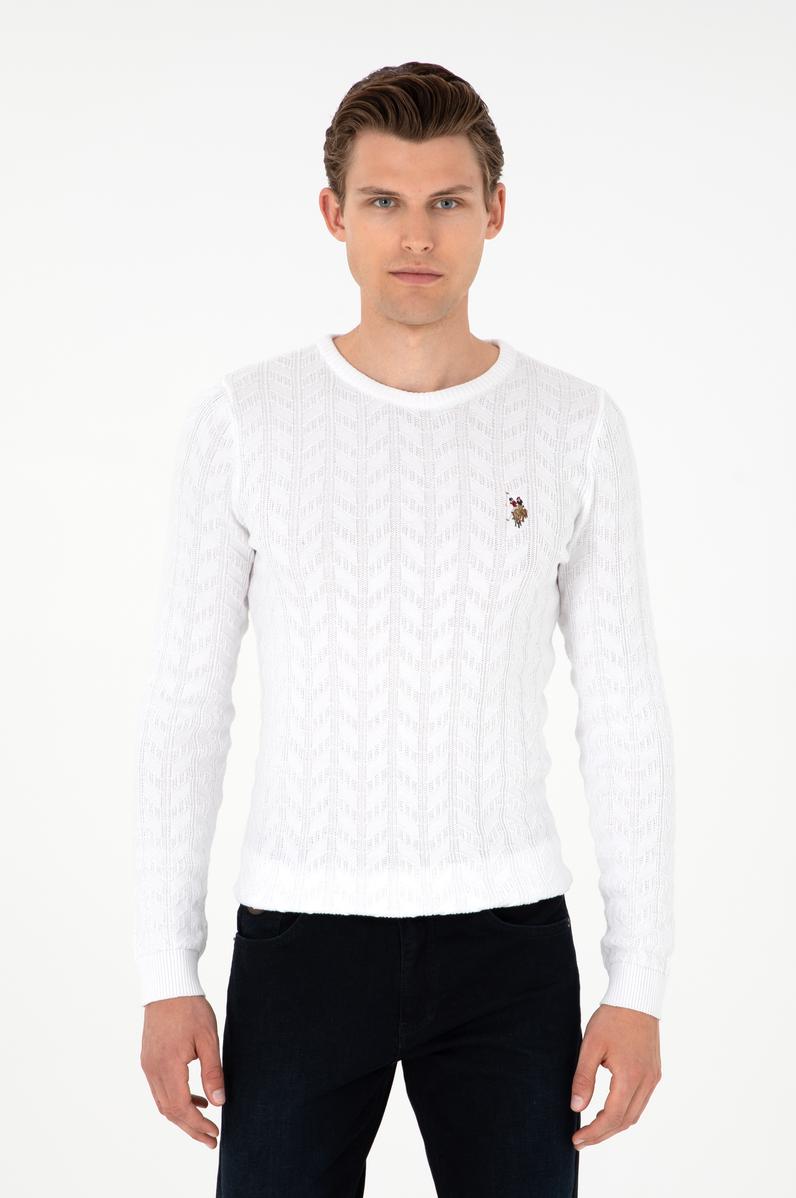 Erkek Slim Fit Bisiklet Yaka Beyaz Basic Kazak