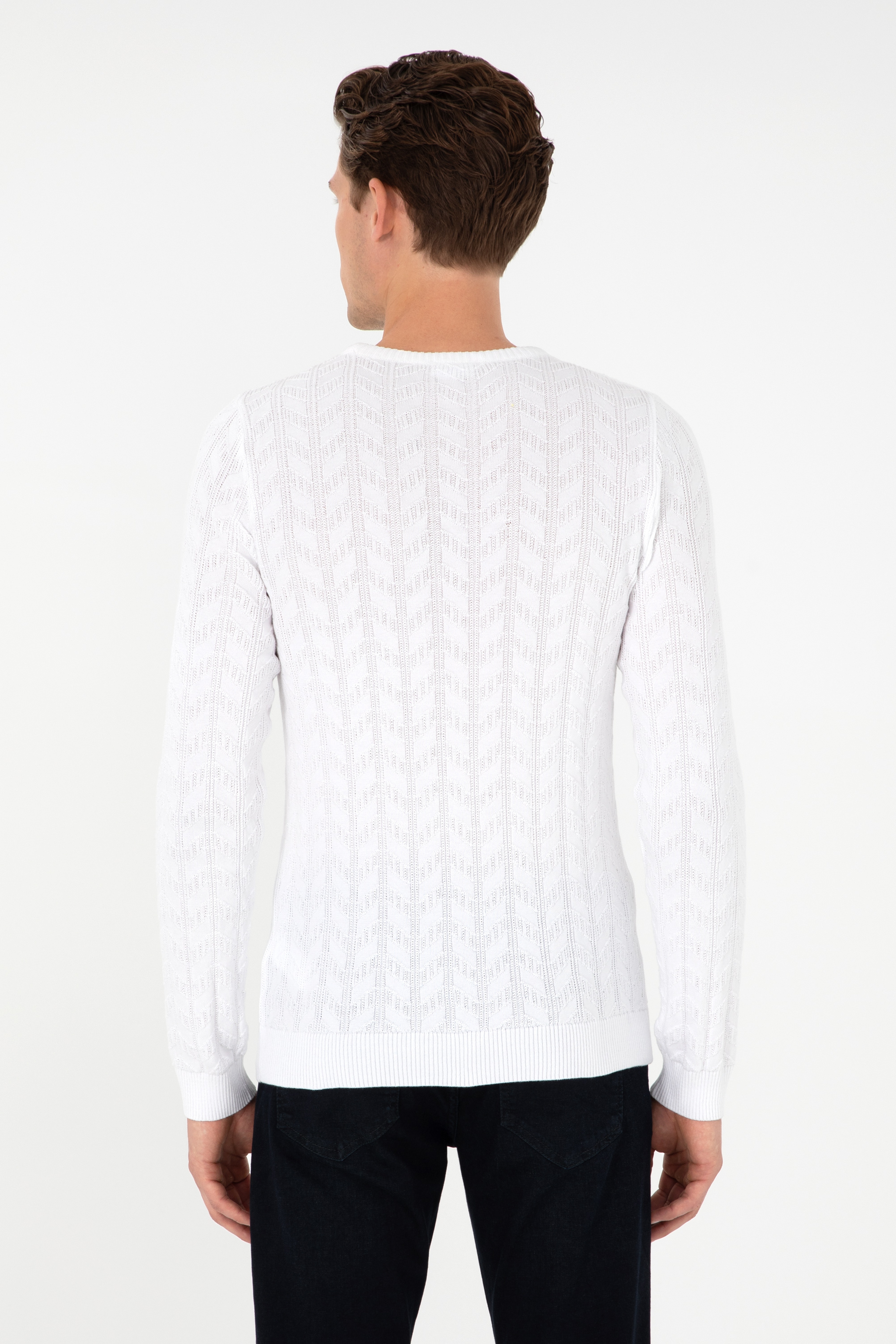 Erkek Slim Fit Bisiklet Yaka Beyaz Basic Kazak - Image 5