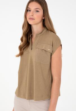 Kadın Haki Hakim Yaka Tişört - 50281814004