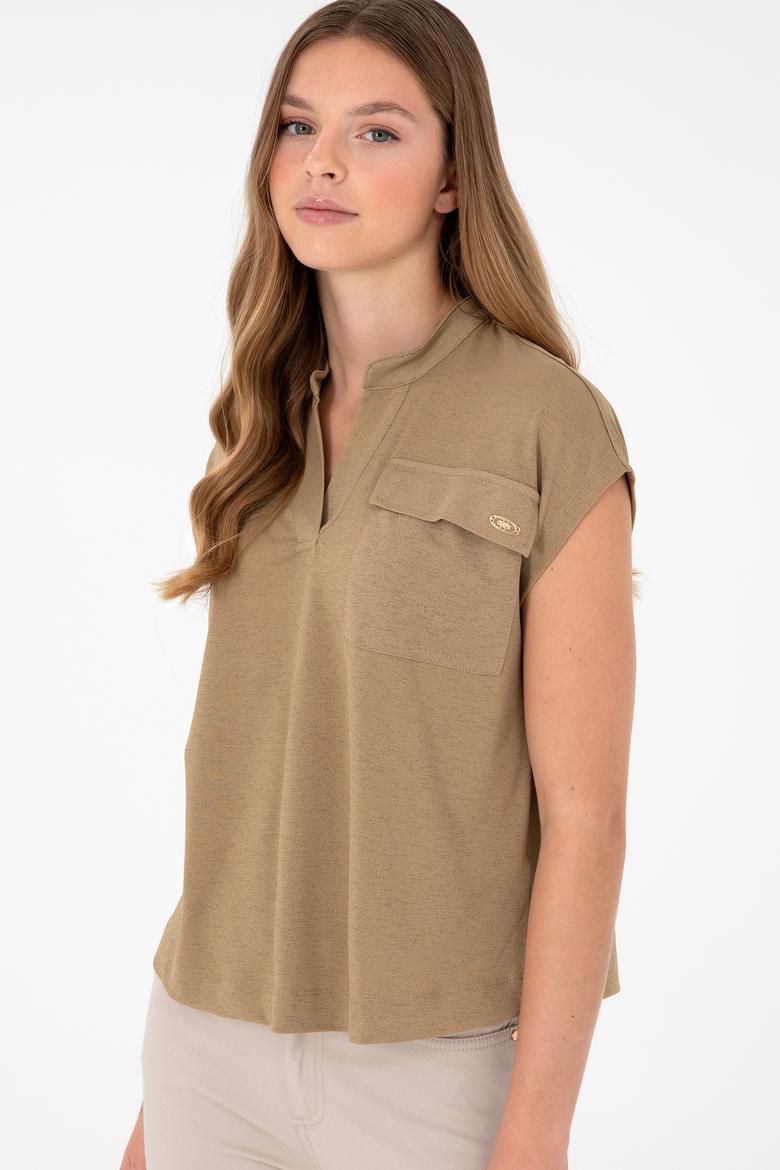Kadın Haki Hakim Yaka Tişört - 50281814004