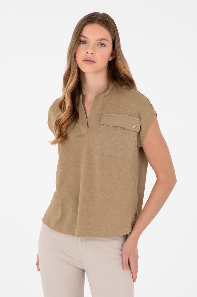 Kadın Haki Hakim Yaka Tişört