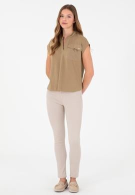 Kadın Haki Hakim Yaka Tişört - 50281814004