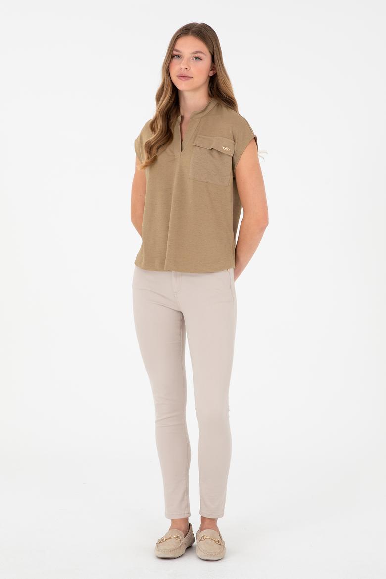 Kadın Haki Hakim Yaka Tişört - 50281814004