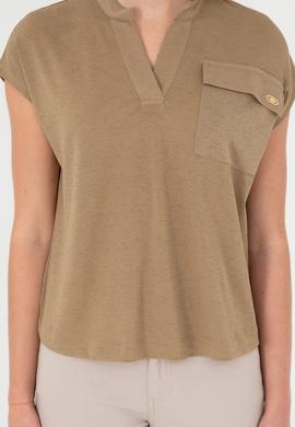 Kadın Haki Hakim Yaka Tişört - 50281814004