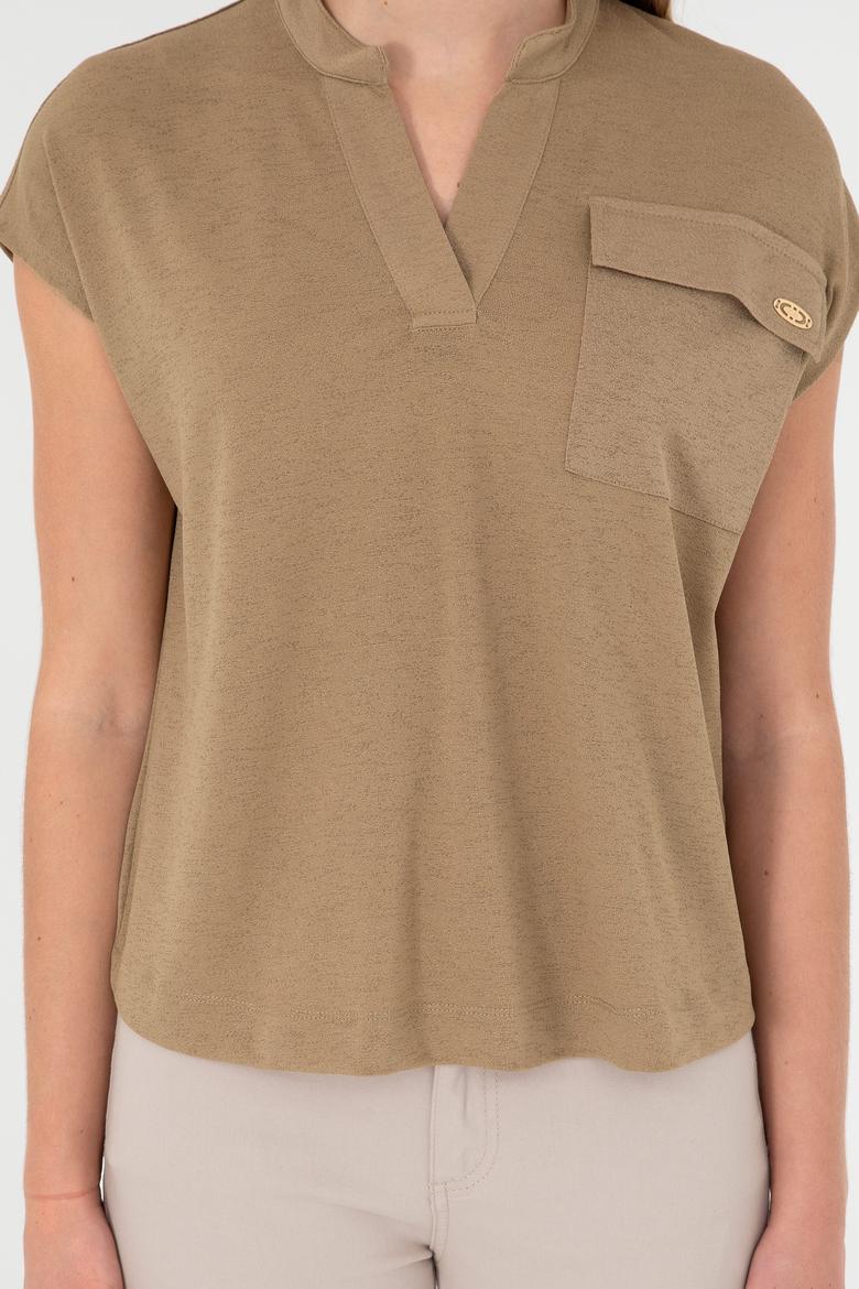Kadın Haki Hakim Yaka Tişört - 50281814004