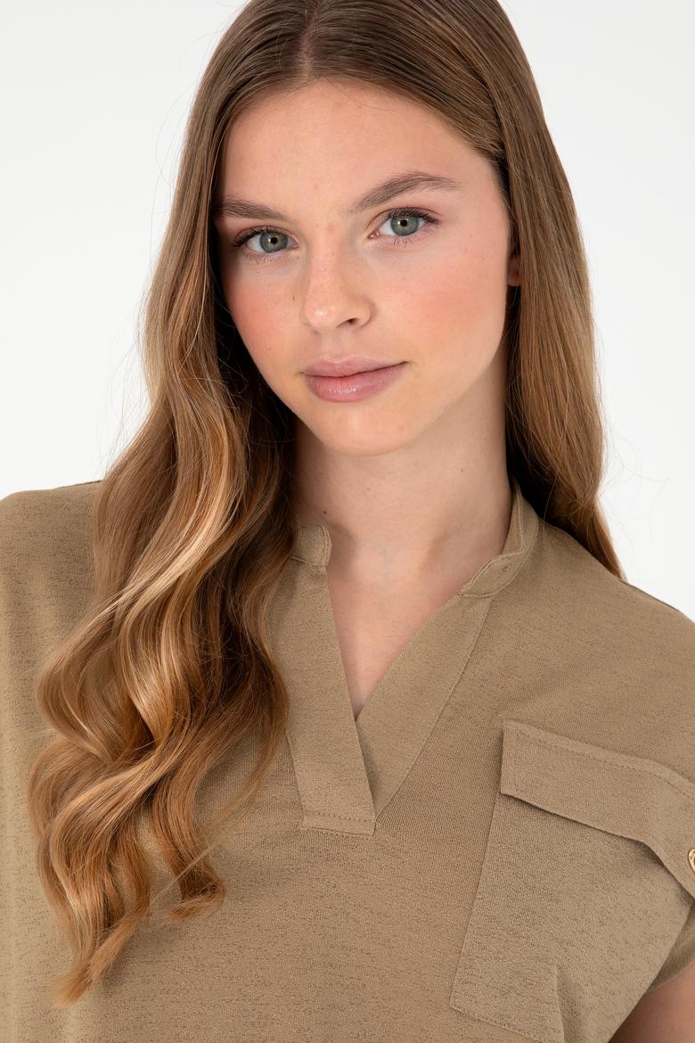 Kadın Haki Hakim Yaka Tişört - 50281814004