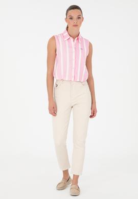 Kadın Pembe Çizgili Kısa Kollu Gömlek - 50283454038