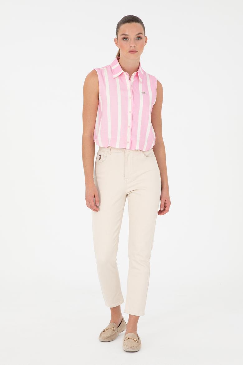 Kadın Pembe Çizgili Kısa Kollu Gömlek - 50283454038
