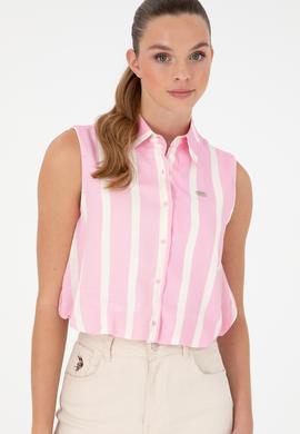 Kadın Pembe Çizgili Kısa Kollu Gömlek - 50283454038