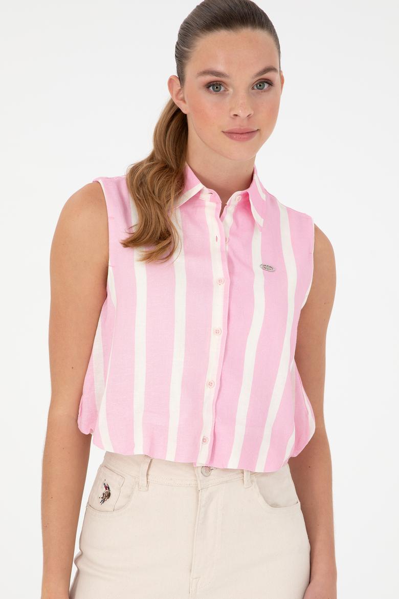 Kadın Pembe Çizgili Kısa Kollu Gömlek - 50283454038