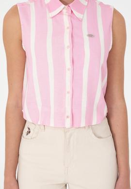 Kadın Pembe Çizgili Kısa Kollu Gömlek - 50283454038