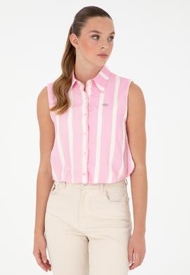 Kadın Pembe Çizgili Kısa Kollu Gömlek - 50283454038