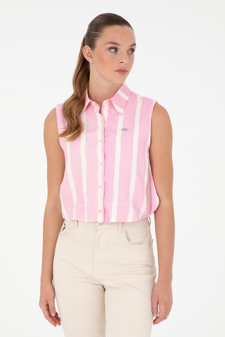 Kadın Pembe Çizgili Kısa Kollu Gömlek