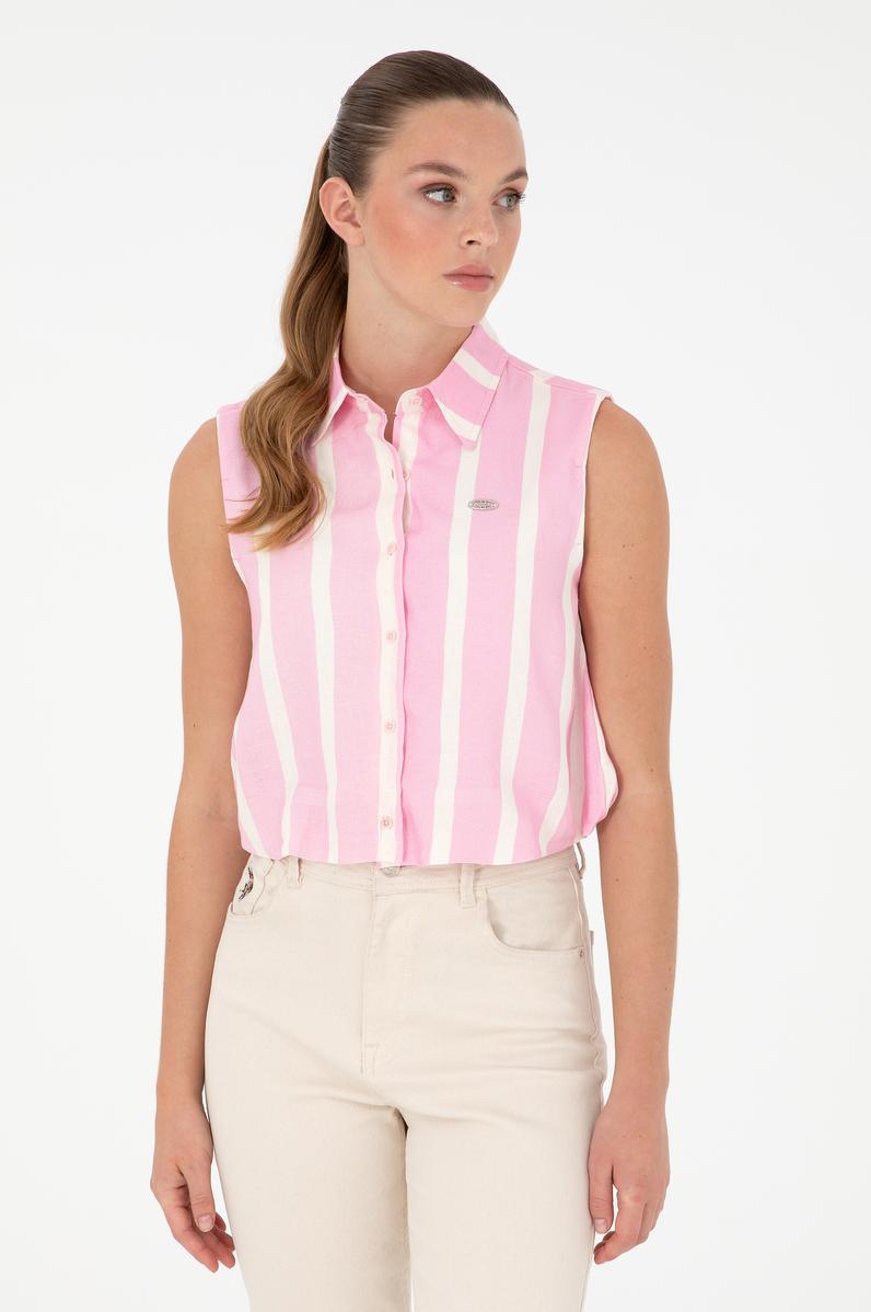 Kadın Pembe Çizgili Kısa Kollu Gömlek