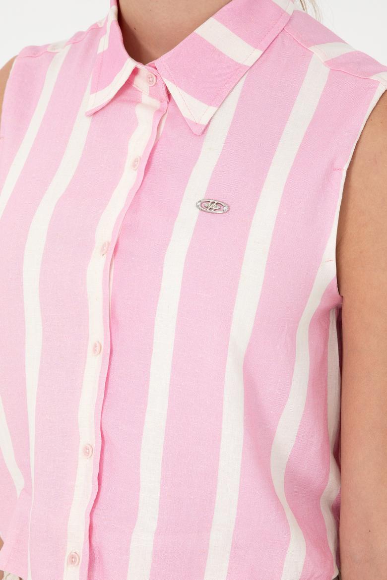 Kadın Pembe Çizgili Kısa Kollu Gömlek - 50283454038