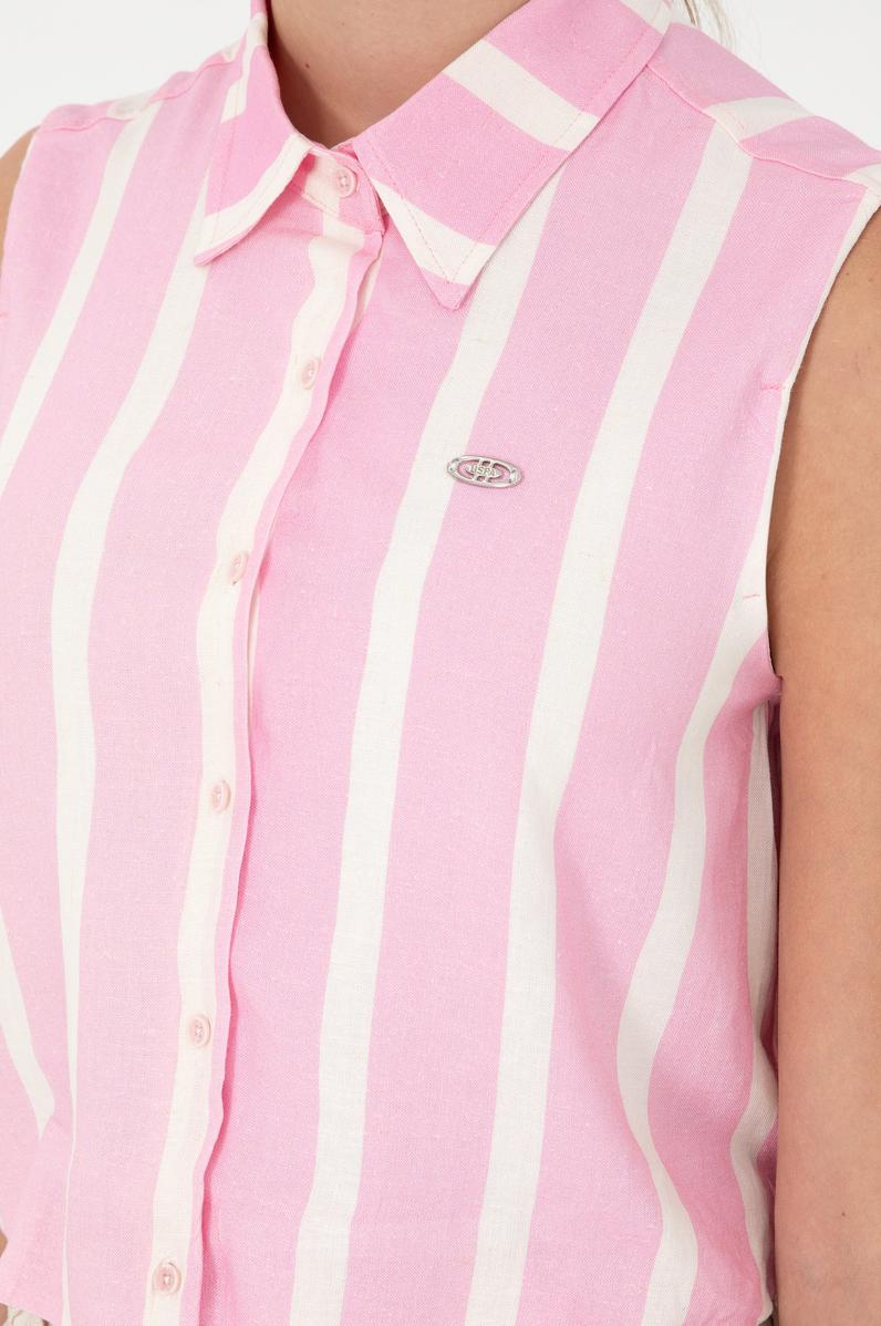 Kadın Pembe Çizgili Kısa Kollu Gömlek