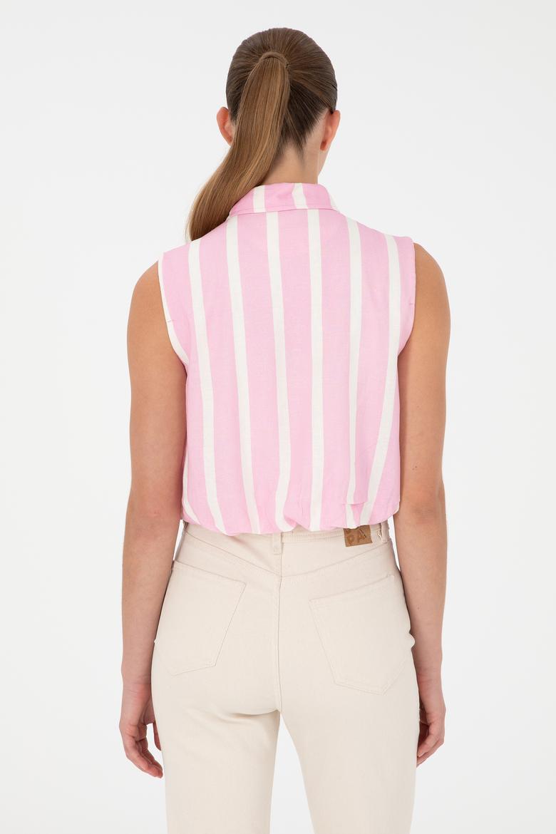 Kadın Pembe Çizgili Kısa Kollu Gömlek - 50283454038