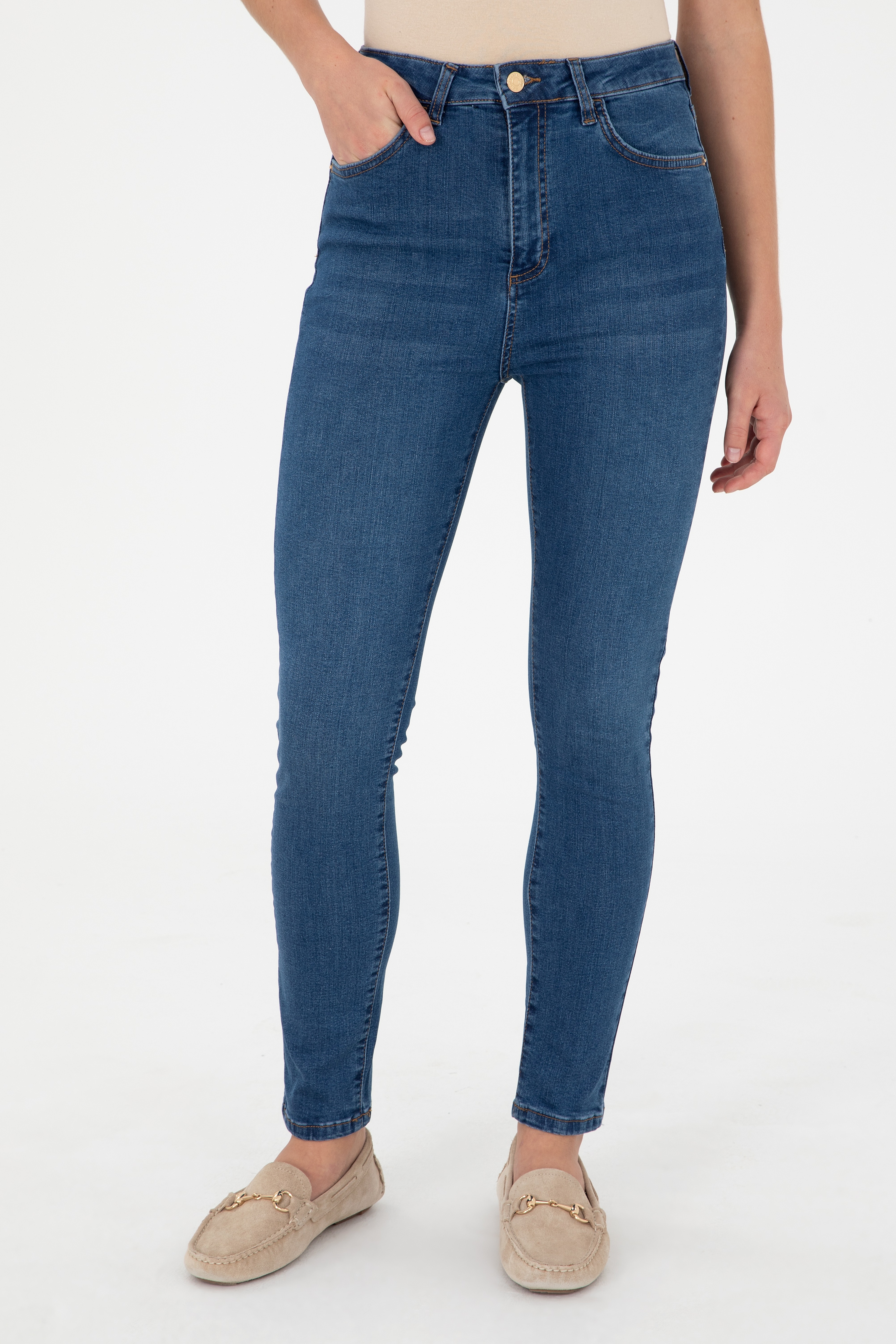 Kadın Koyu Mavi Skinny High Waist Fit Jean Pantolon - Image 2