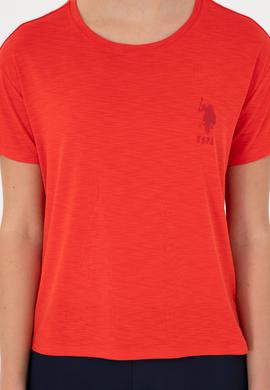 Kadın Kırmızı Modal Karışımlı Bisiklet Yaka Tişört - 50291432048