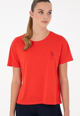 Kadın Kırmızı Modal Karışımlı Bisiklet Yaka Tişört - 50291432048