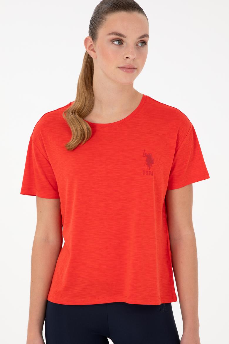 Kadın Kırmızı Modal Karışımlı Bisiklet Yaka Tişört - 50291432048