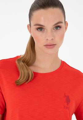 Kadın Kırmızı Modal Karışımlı Bisiklet Yaka Tişört - 50291432048