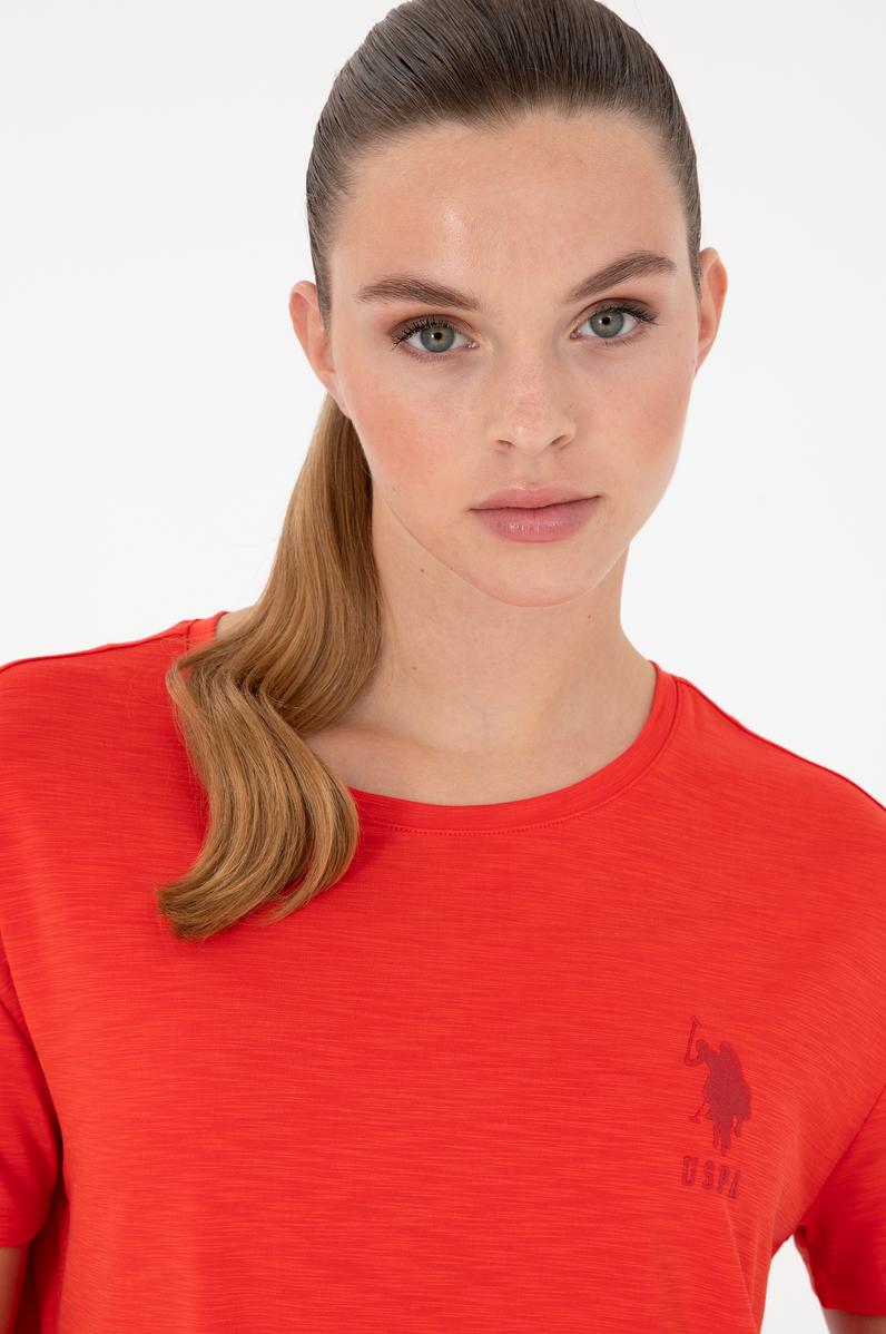 Kadın Kırmızı Modal Karışımlı Bisiklet Yaka Tişört