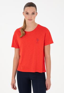 Kadın Kırmızı Modal Karışımlı Bisiklet Yaka Tişört - 50291432048