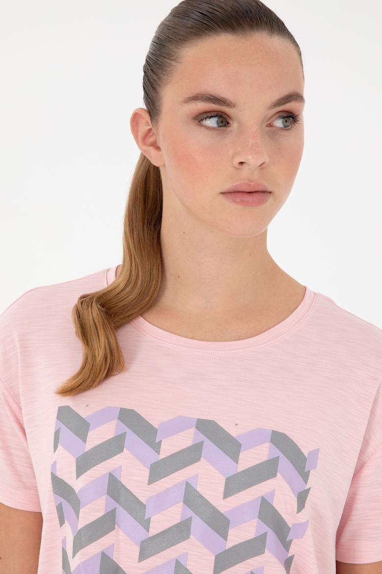 Kadın Pudra Desenli Bisiklet Yaka Tişört - 50291640028