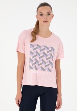 Kadın Pudra Desenli Bisiklet Yaka Tişört - 50291640028