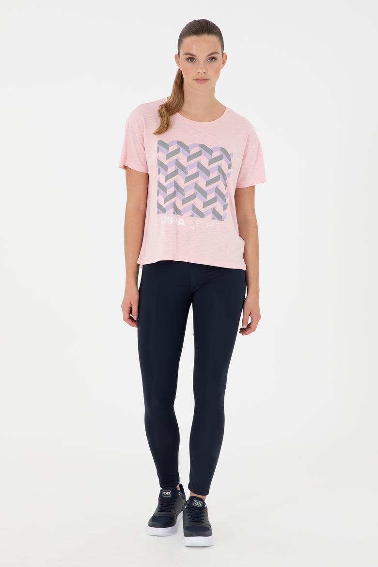 Kadın Pudra Desenli Bisiklet Yaka Tişört - 50291640028