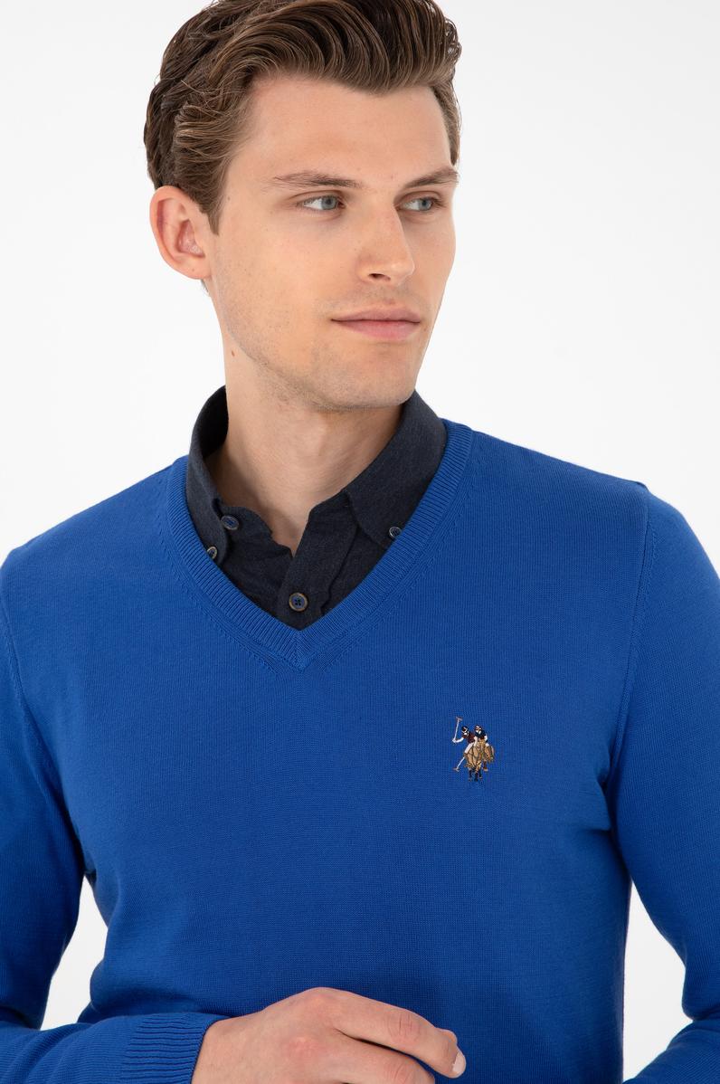 Erkek Slim Fit V Yaka Saks Basic Kazak