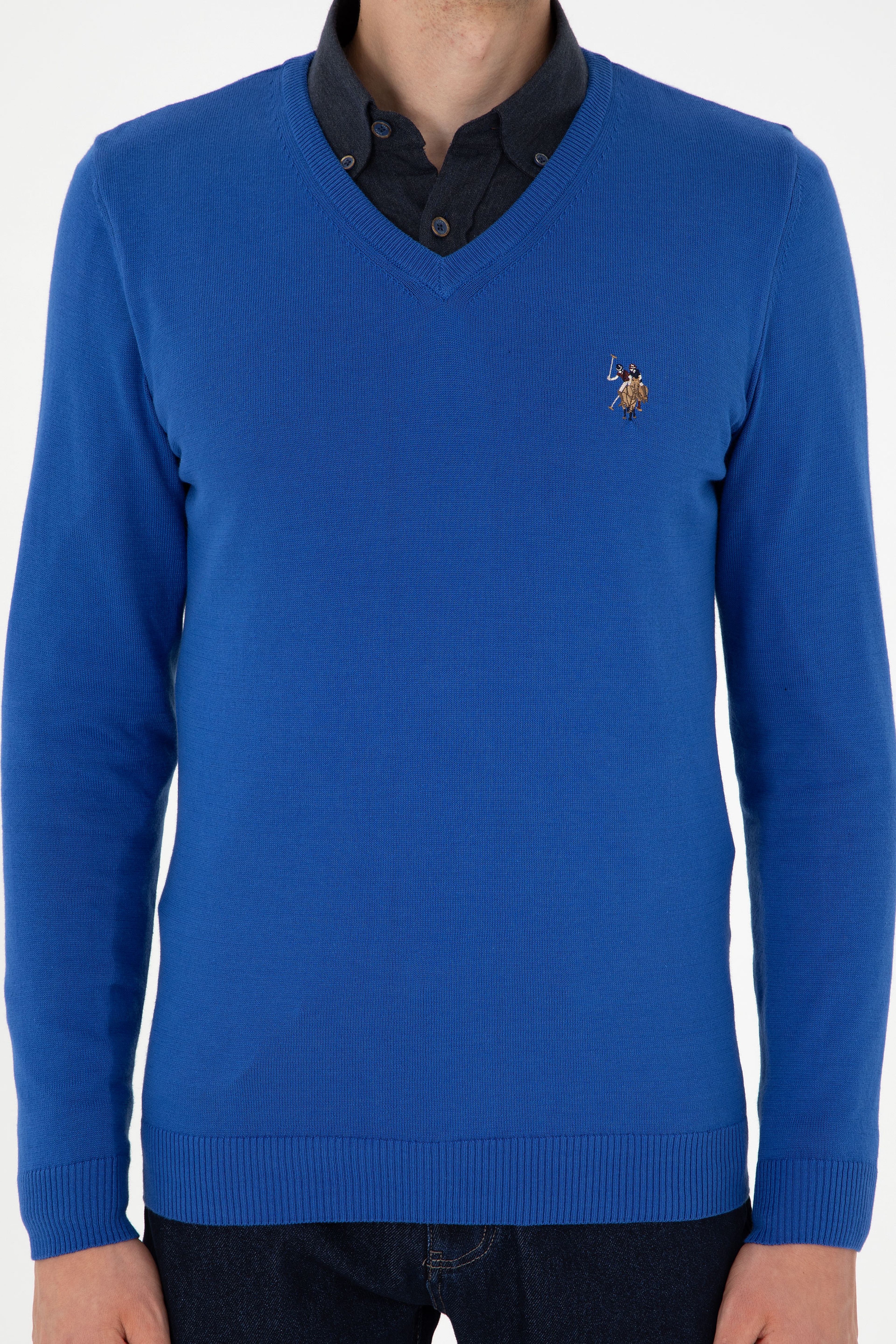 Erkek Slim Fit V Yaka Saks Basic Kazak - Image 6