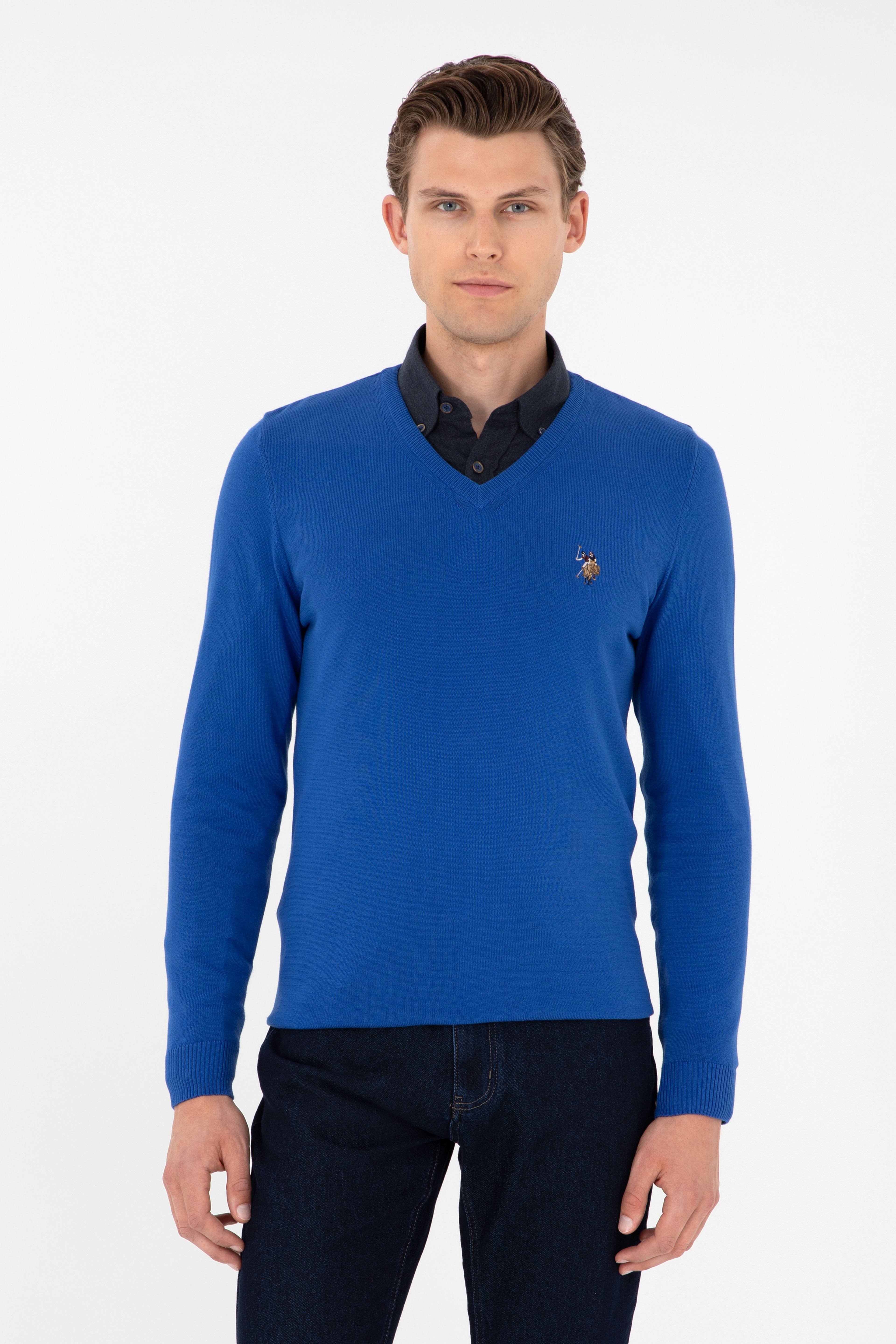 Erkek Slim Fit V Yaka Saks Basic Kazak - Image 1