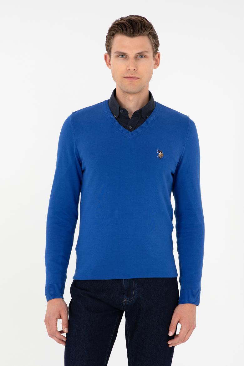 Erkek Slim Fit V Yaka Saks Basic Kazak