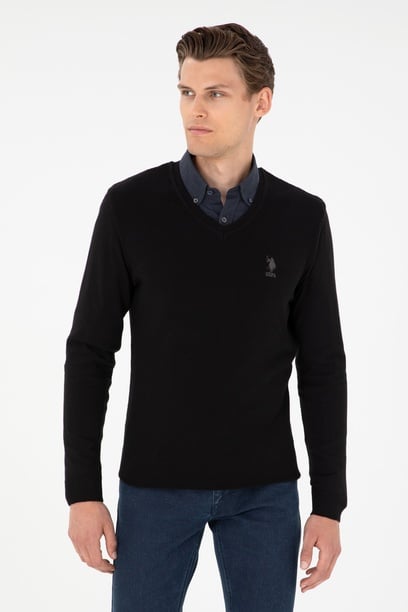 Erkek Slim Fit V Yaka Siyah Basic Kazak
