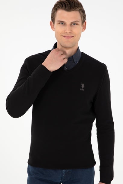 Erkek Slim Fit V Yaka Siyah Basic Kazak
