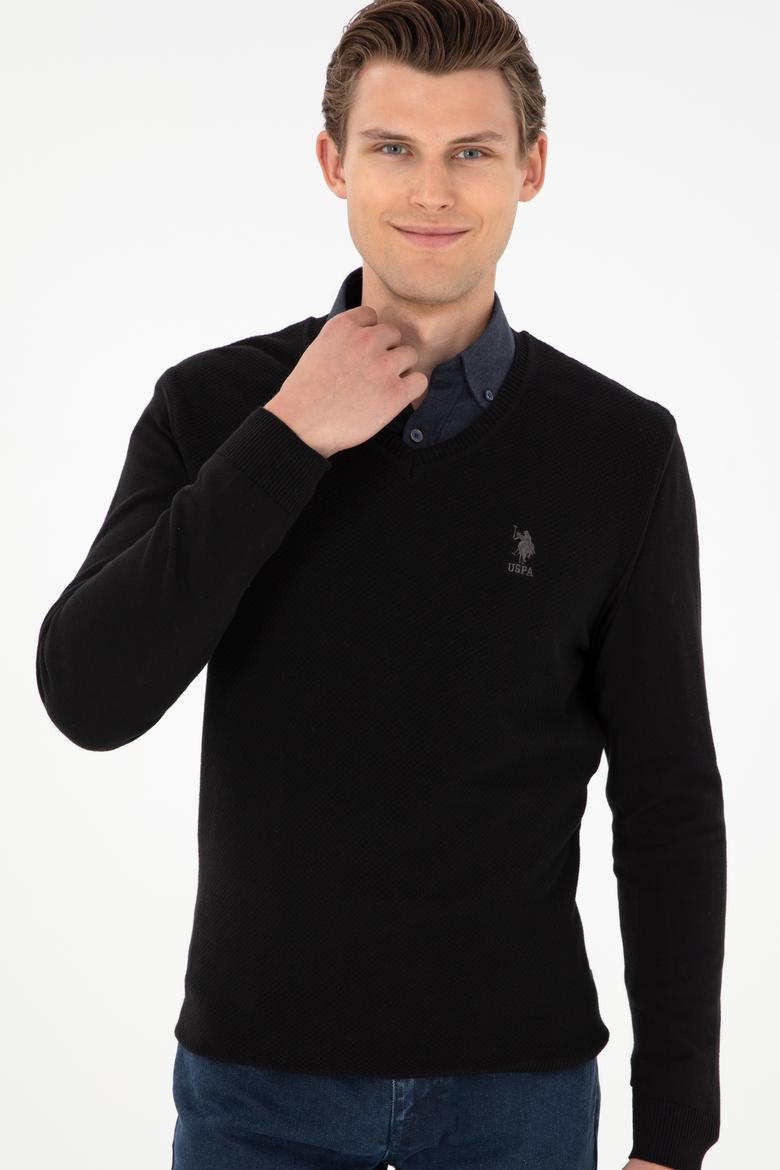 Erkek Slim Fit V Yaka Siyah Basic Kazak - 50288886014