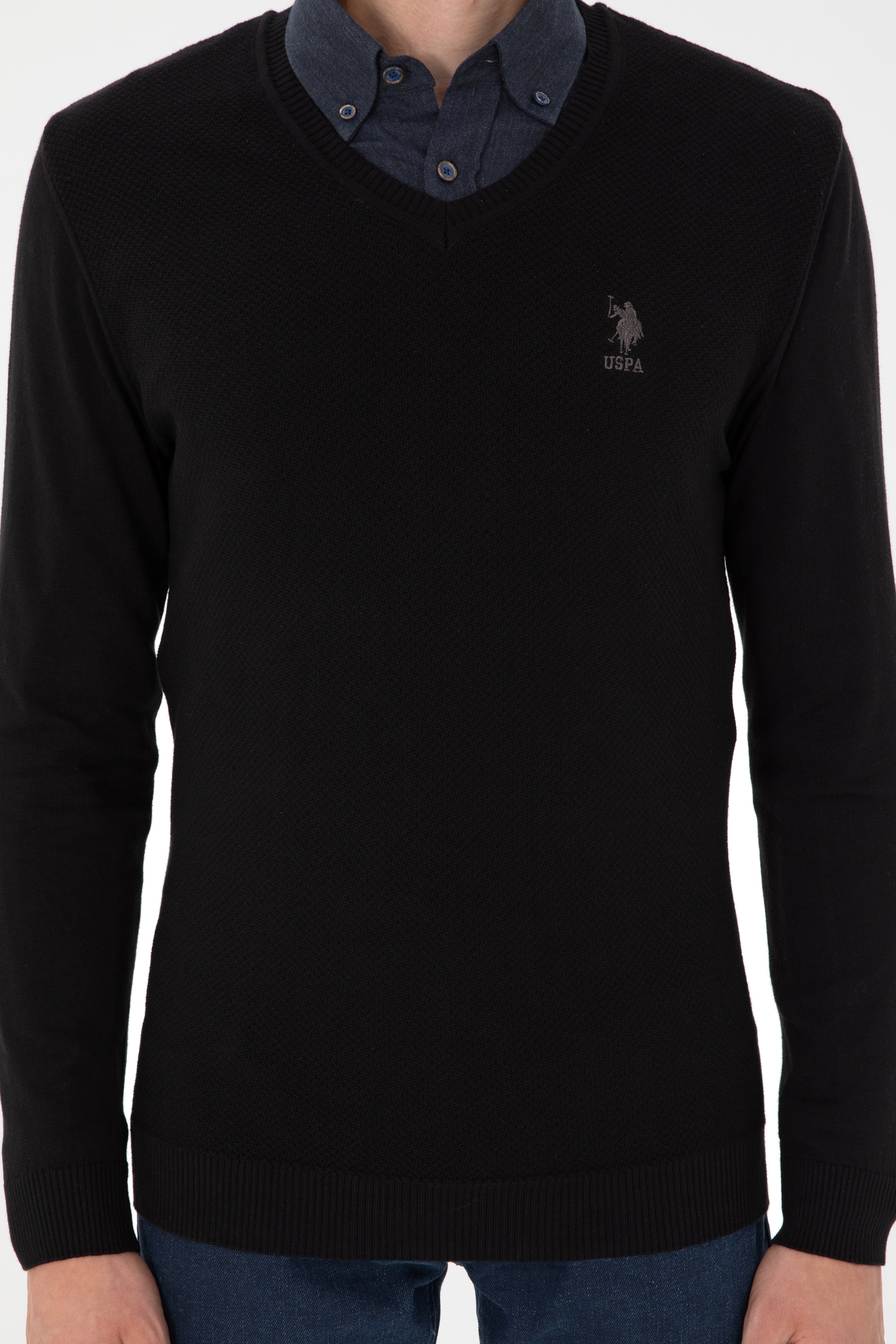Erkek Slim Fit V Yaka Siyah Basic Kazak - Image 6